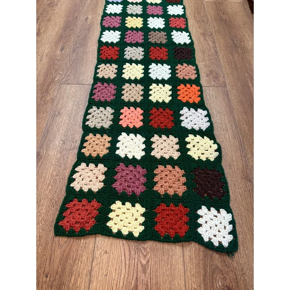 Handmade Crochet Granny Square Table Runner Green Multi Color Boho Vintage 70x19